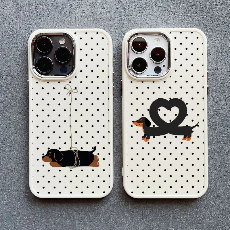 Vintage Dachshund Black Polka Dot Print Silicone Phone Case For iPhone 16 15 14 Pro Max Plus 13 12 11 Pro Max XR XS X Covers
