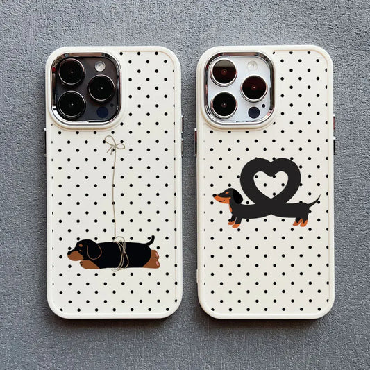 Vintage Dachshund Black Polka Dot Print Silicone Phone Case For iPhone 16 15 14 Pro Max Plus 13 12 11 Pro Max XR XS X Covers
