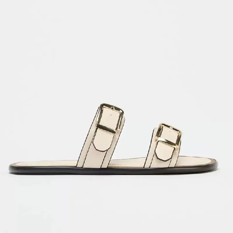 Brown Metal Buckle Brand Sandals Women Slides Open Toe