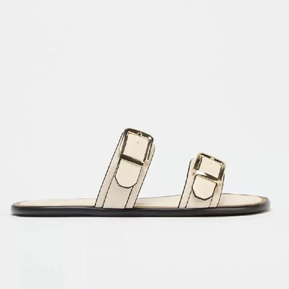 Brown Metal Buckle Brand Sandals Women Slides Open Toe