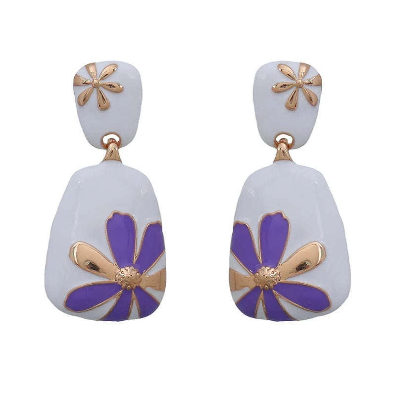 Enamel Flower Metal Dangle Post Earrings For Women