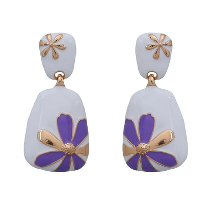 Enamel Flower Metal Dangle Post Earrings For Women