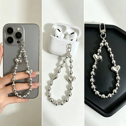 Trendy Silver Color Beaded Phone Hand Strap Premium Metal Look Short Wrist Lanyard Multi-Use Chain for Phone Case Keys & Bags