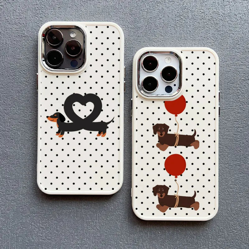 Vintage Dachshund Black Polka Dot Print Silicone Phone Case For iPhone 16 15 14 Pro Max Plus 13 12 11 Pro Max XR XS X Covers