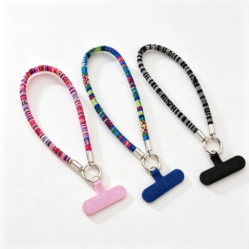 6mm Thick Ethnic Pattern Fabric Phone Wrist Lanyard Boho Braided Short Hand Strap for Cell Phone Detachable Anti Drop Key Chain