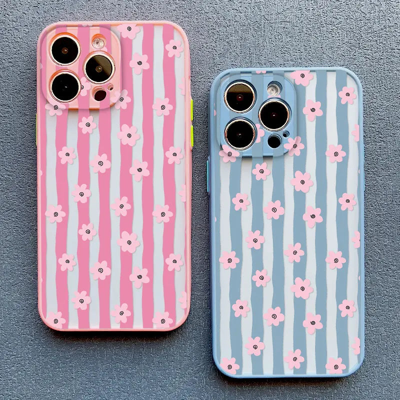New Vertical Stripe Small Flowers Phone Case For iPhone 17 Pro Max 16 15 14 Pro Max Plus 11 12 13 Mini Pro Max