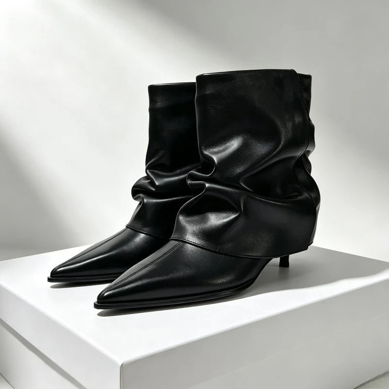 Pleated Boots Women Black Pointed Toe High Heels Short Boots
