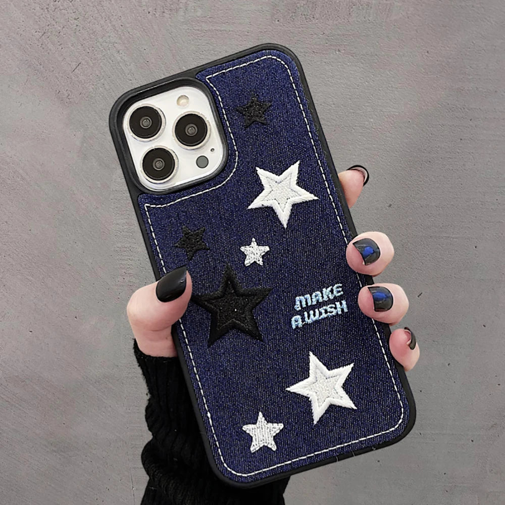 Cute Denim Fabric Embroidery Flower Winter Warm Phone Case For iPhone 15 14 13 12 11 16 Pro Max XS XR X Silicone Cover Protector