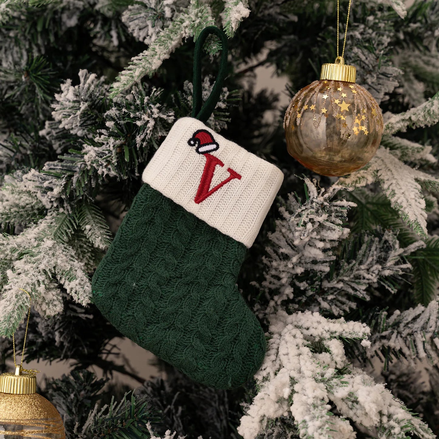 Green A-Z Letter Hanging Christmas Stockings Monogram Knitted Socks