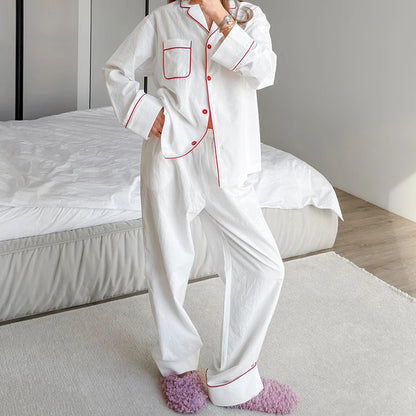 HiLoc White Casual Woven Ladies' Pajamas 2 Piece Long Sleeve Lapel Single-Breasted Shirt Full Length Pants