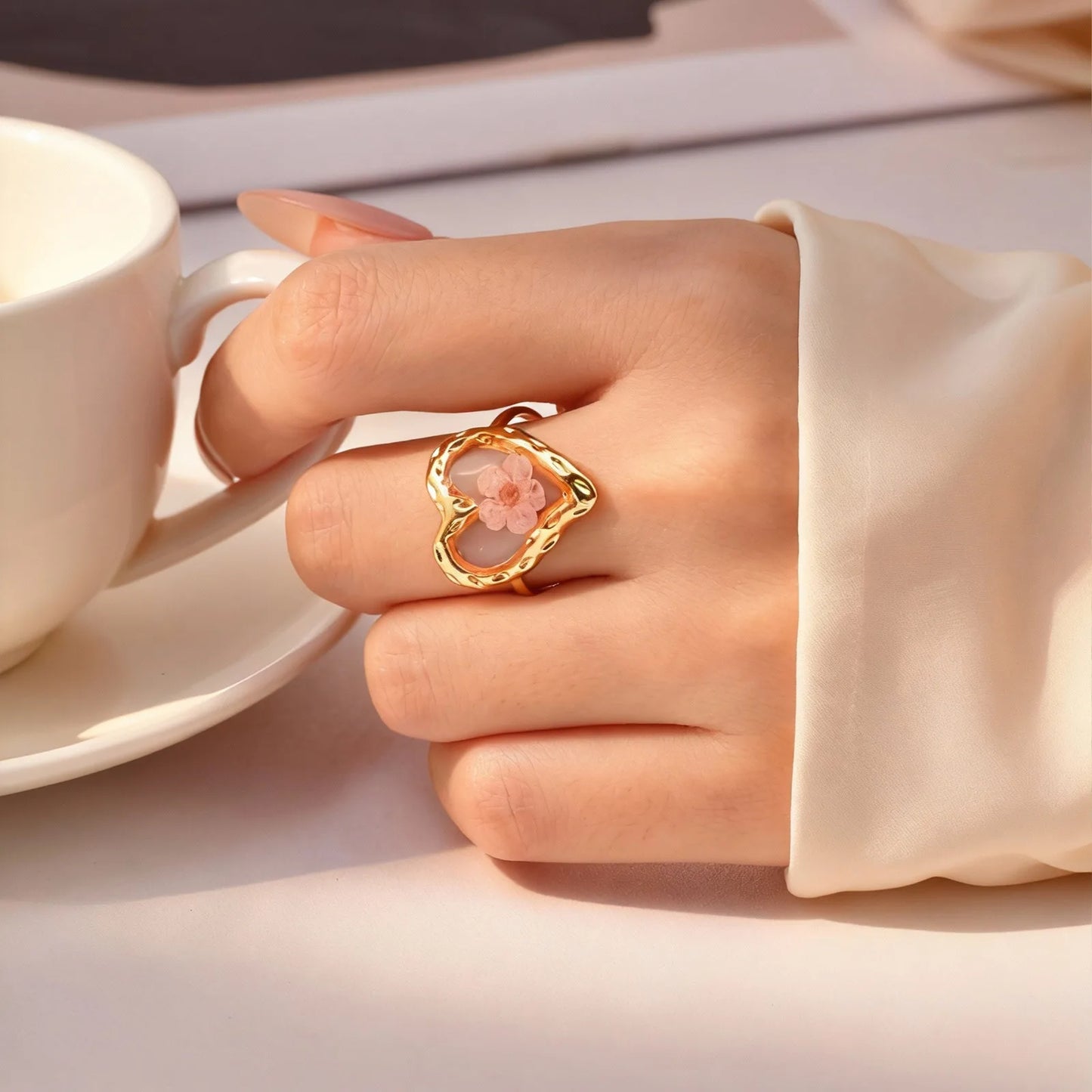 Stainless Steel Rings for Women Dried Flower Resin Jewelry Dainty Geometric Open Adjustable Vintage Floral Rings Waterproof