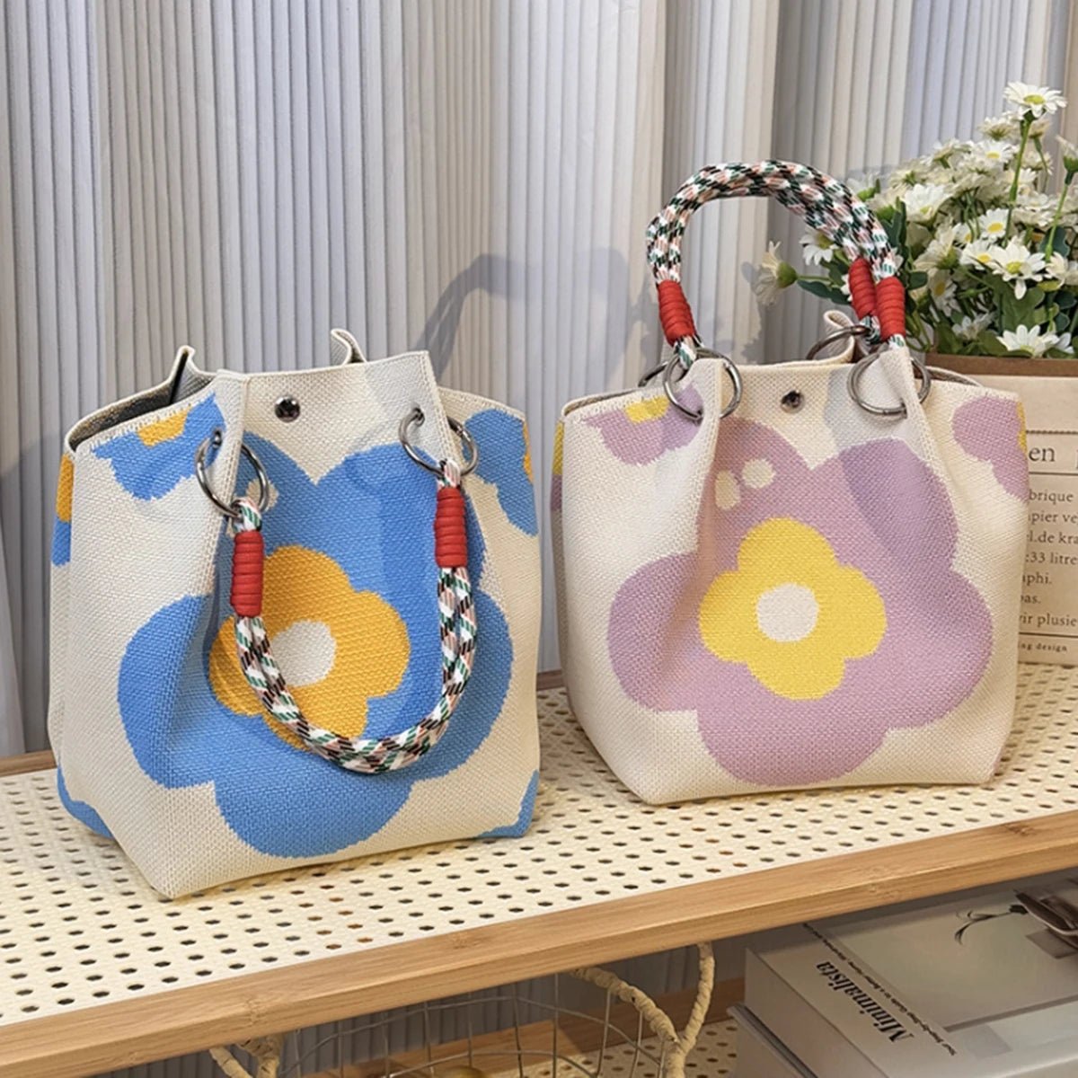 Multi-color knitted retro bucket handbag simple and color-blocked,versatile and easy to carry with you