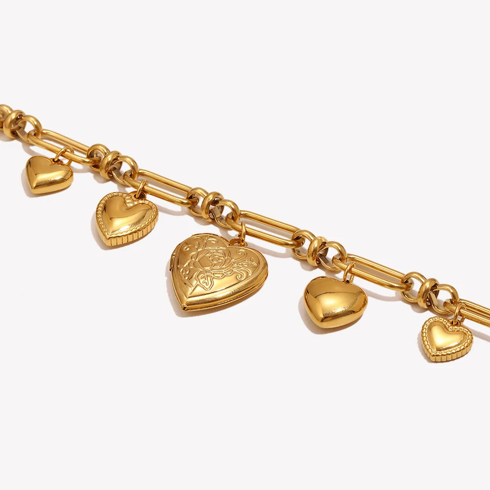 18K Gold Plated Heart Pendant Bracelet Stainless Steel Paperclip Jewelry For Women
