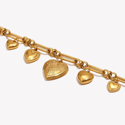 18K Gold Plated Heart Pendant Bracelet Stainless Steel Paperclip Jewelry For Women