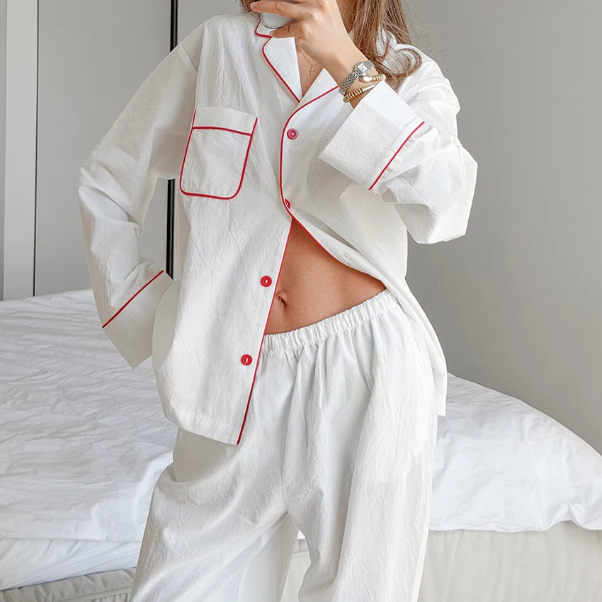 HiLoc White Casual Woven Ladies' Pajamas 2 Piece Long Sleeve Lapel Single-Breasted Shirt Full Length Pants