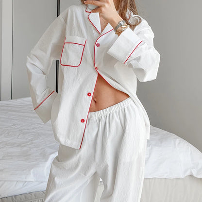 HiLoc White Casual Woven Ladies' Pajamas 2 Piece Long Sleeve Lapel Single-Breasted Shirt Full Length Pants