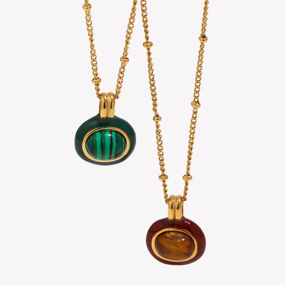 Enamel Framed Natural Stone Pendant Necklace 18K Gold Plated Stainless Steel Chain Hypoallergenic