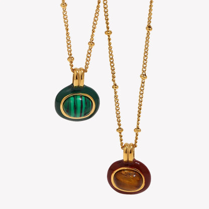 Enamel Framed Natural Stone Pendant Necklace 18K Gold Plated Stainless Steel Chain Hypoallergenic