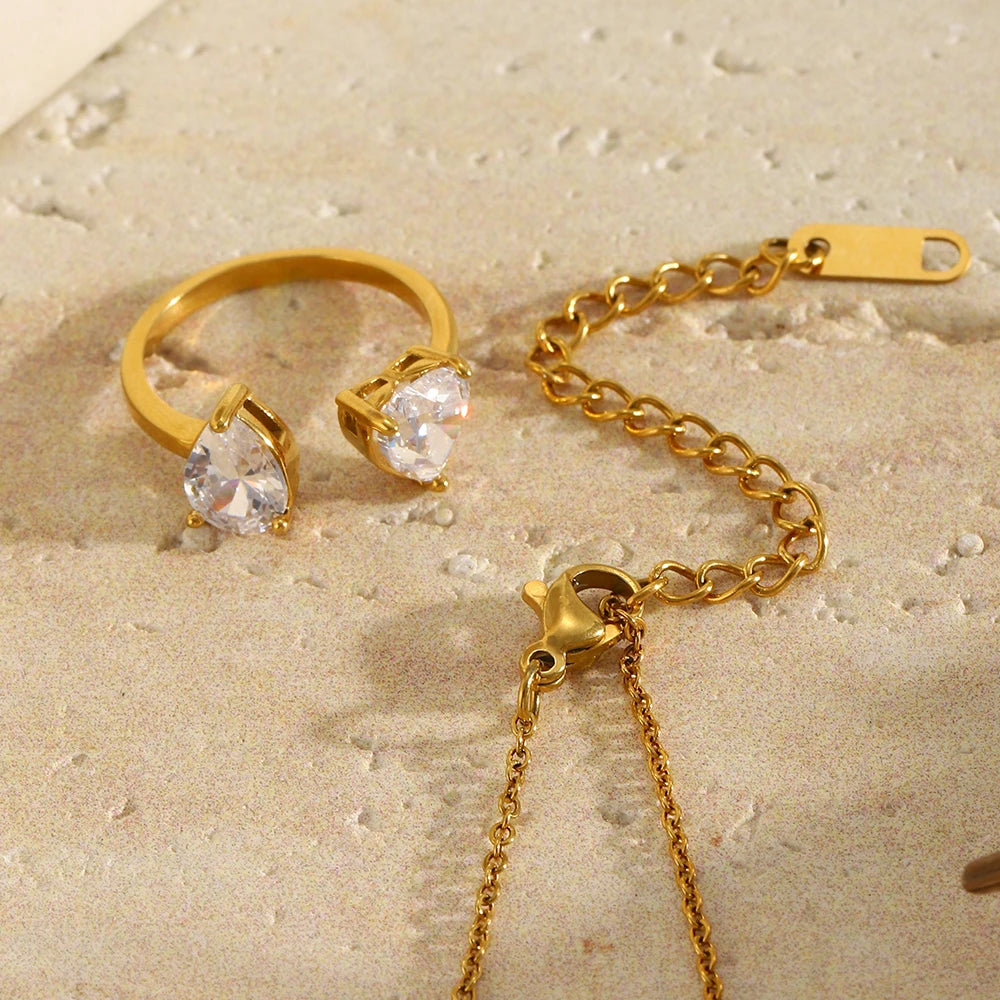 18K Gold Plated Heart CZ Jewelry Set Stainless Steel Hypoallergenic Necklace Open Ring Sets Fashion Luxury Jewelry