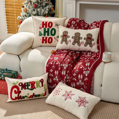 1Pcs Red Christmas Embroidery 'HOHOHO' Snowflake & Gingerbread Man Cushion Pillow Cover Festive
