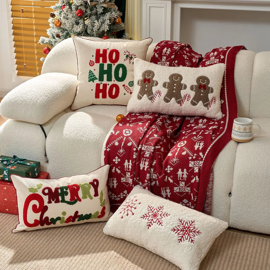 1Pcs Red Christmas Embroidery 'HOHOHO' Snowflake & Gingerbread Man Cushion Pillow Cover Festive