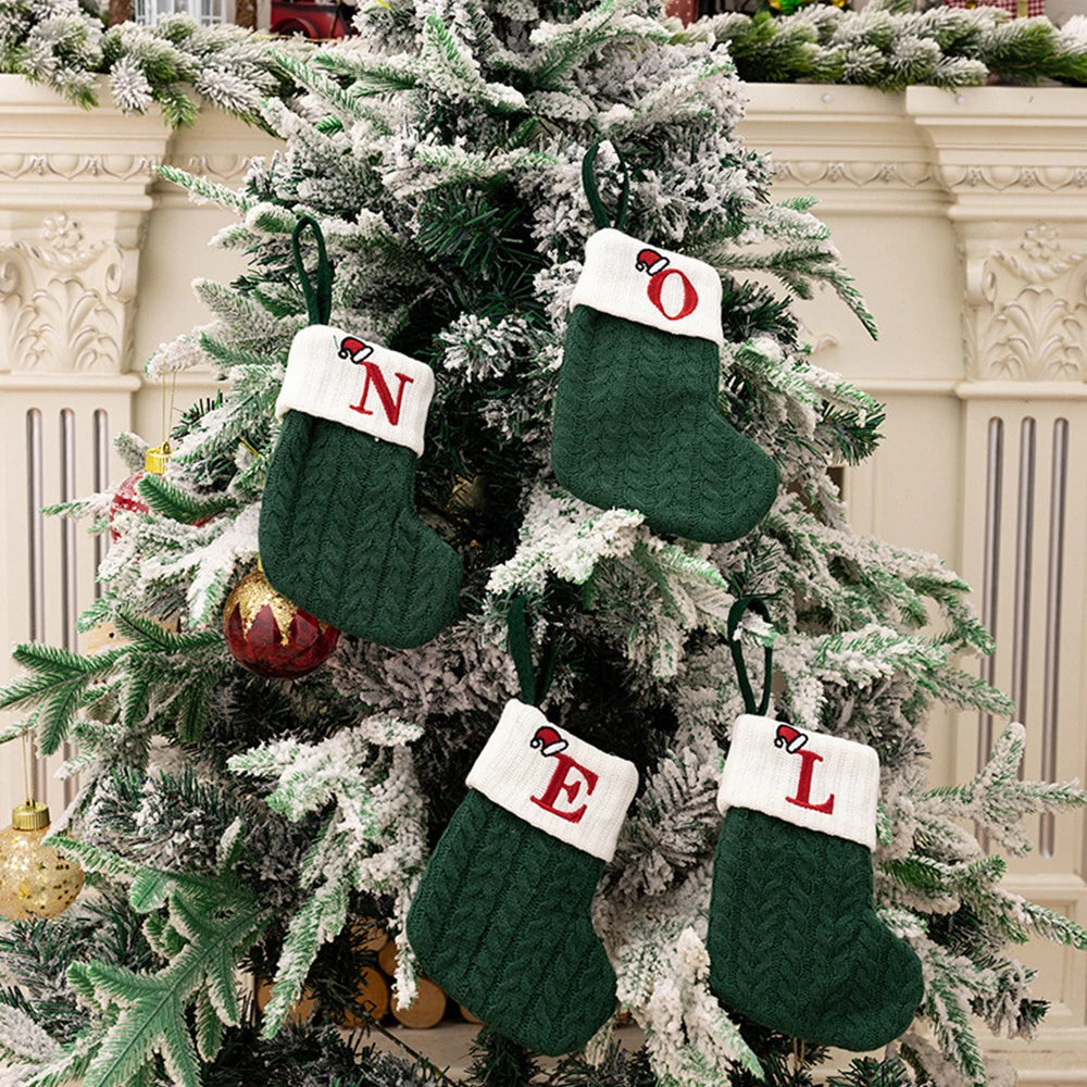 Green A-Z Letter Hanging Christmas Stockings Monogram Knitted Socks