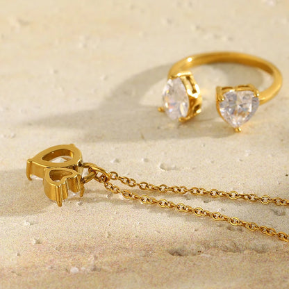18K Gold Plated Heart CZ Jewelry Set Stainless Steel Hypoallergenic Necklace Open Ring Sets Fashion Luxury Jewelry