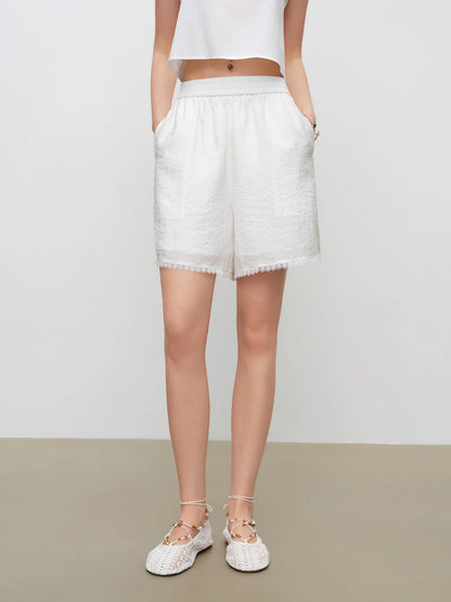 Summer Women's White Lace Trim Shirt and Shorts - Elegant Coordinated Outfit for Daily and Vacation Wear