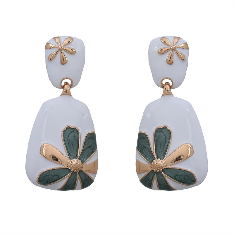 Enamel Flower Metal Dangle Post Earrings For Women
