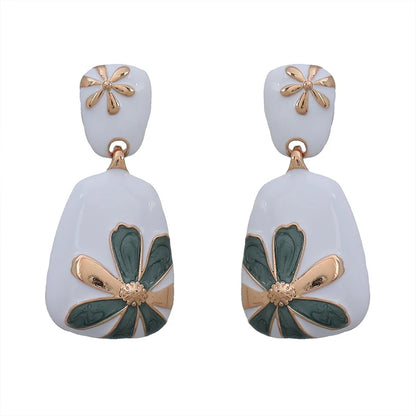 Enamel Flower Metal Dangle Post Earrings For Women
