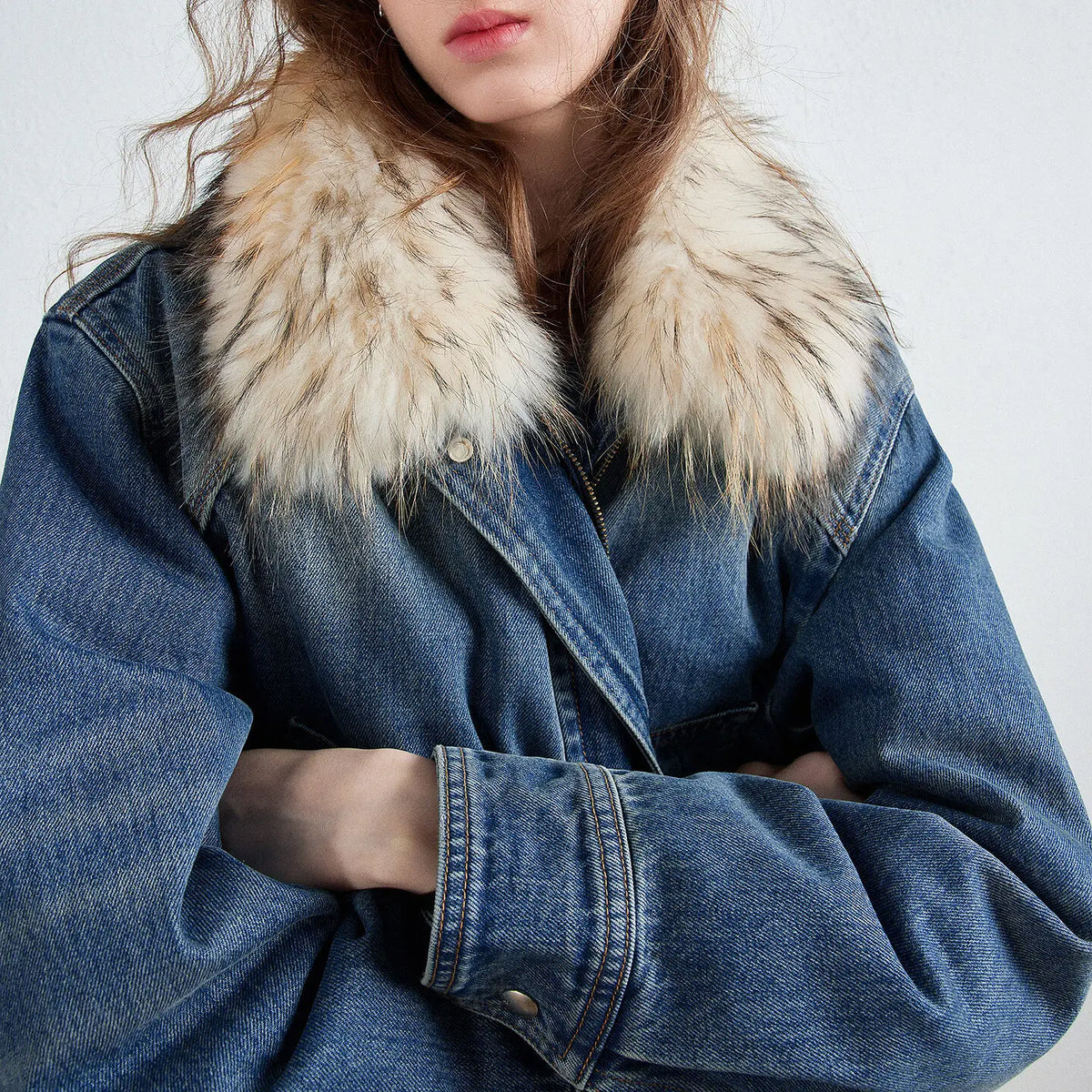 Women Down Jacket New Reversible Denim Nomadic Workwear Pocket Raccoon Fur Collar Warm Outerwear