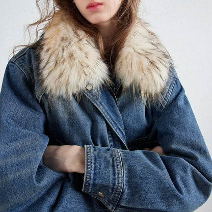 Women Down Jacket New Reversible Denim Nomadic Workwear Pocket Raccoon Fur Collar Warm Outerwear