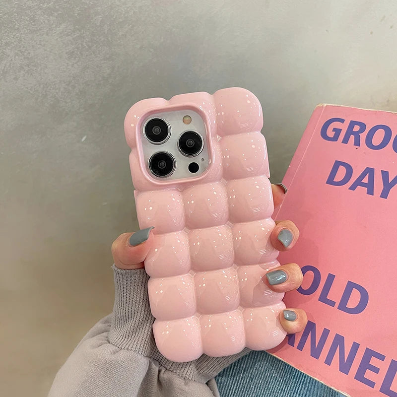 Cute Stylish Bread Chocolate Block 3D Phone Case For iPhone 14 13 12 15 16 Pro Max 11 Glossy Protective Cover