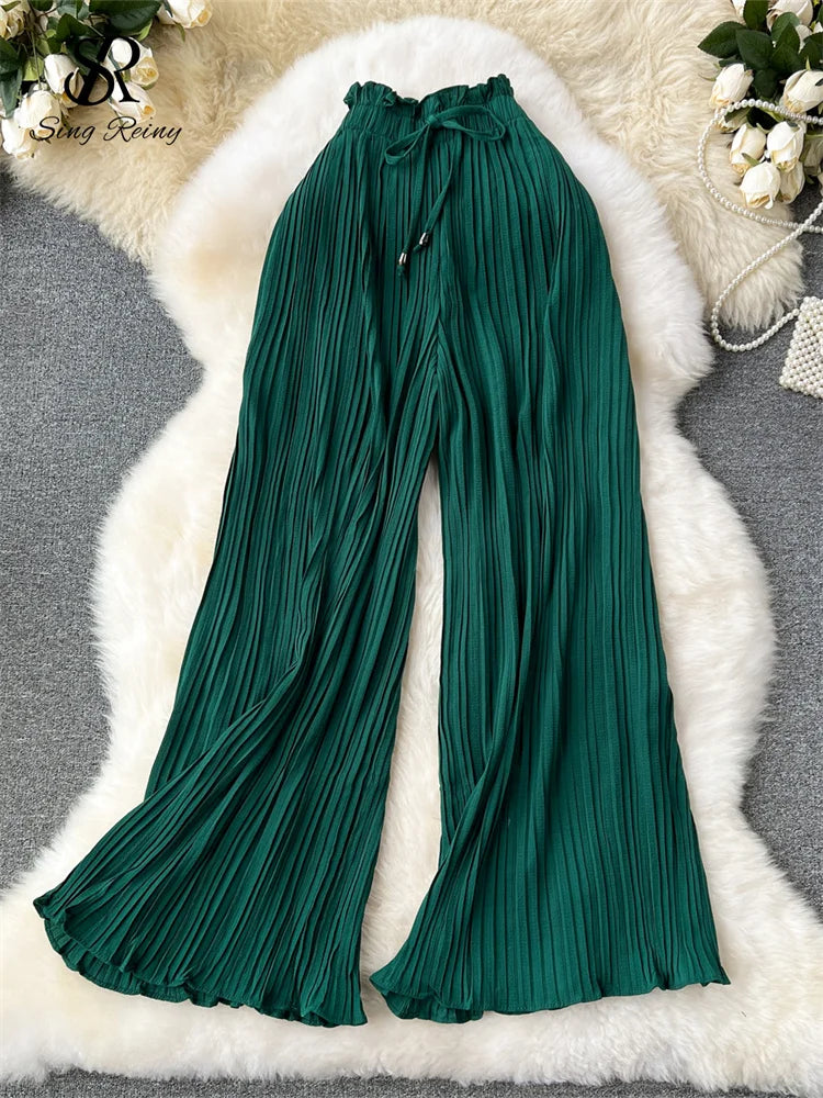 Basics Casual Pants Women Summer Oversize Draped Wide Legs Pants High Waist Solid Long Pleated Trousers