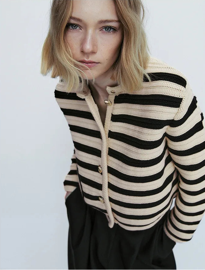 Autum new arrival sweater button black and white stripes knitting cardigan short outwear