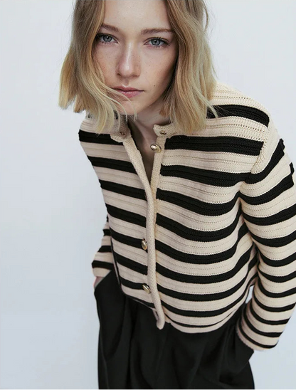 Autum new arrival sweater button black and white stripes knitting cardigan short outwear