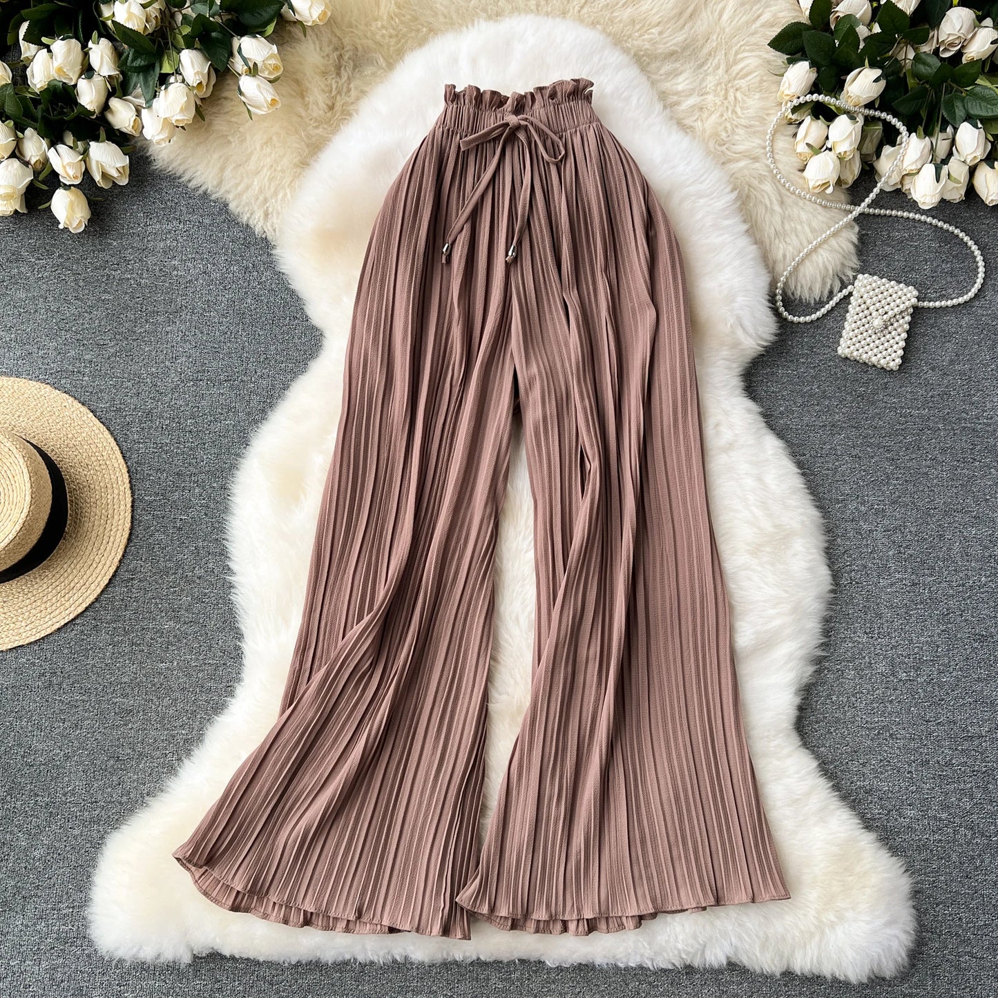 Basics Casual Pants Women Summer Oversize Draped Wide Legs Pants High Waist Solid Long Pleated Trousers