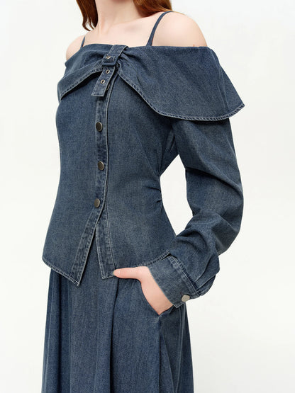 Spring Sweet Bow Denim Skirt Set Women Irregular Bodycon Slash Neck A-line Modern Urban American Style Vintage