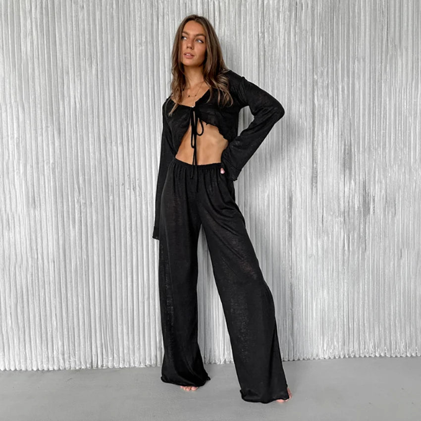 V-Neck Knitted Thin Trousers Pajamas Women Casual Lace-Up Crop Tops With Loose Long Pants Sleepwears White Suits