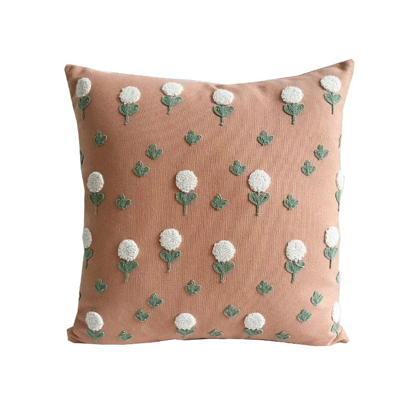 Style Flower Loop Tufted Cushion Cover Pink Plant Embroidered Decorative Pillows