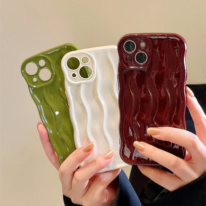 Fashion Wave Fold Pattern Case For iPhone 14 13 12 11 15 16 Pro Max Solid Color Soft Cover Lens Protection