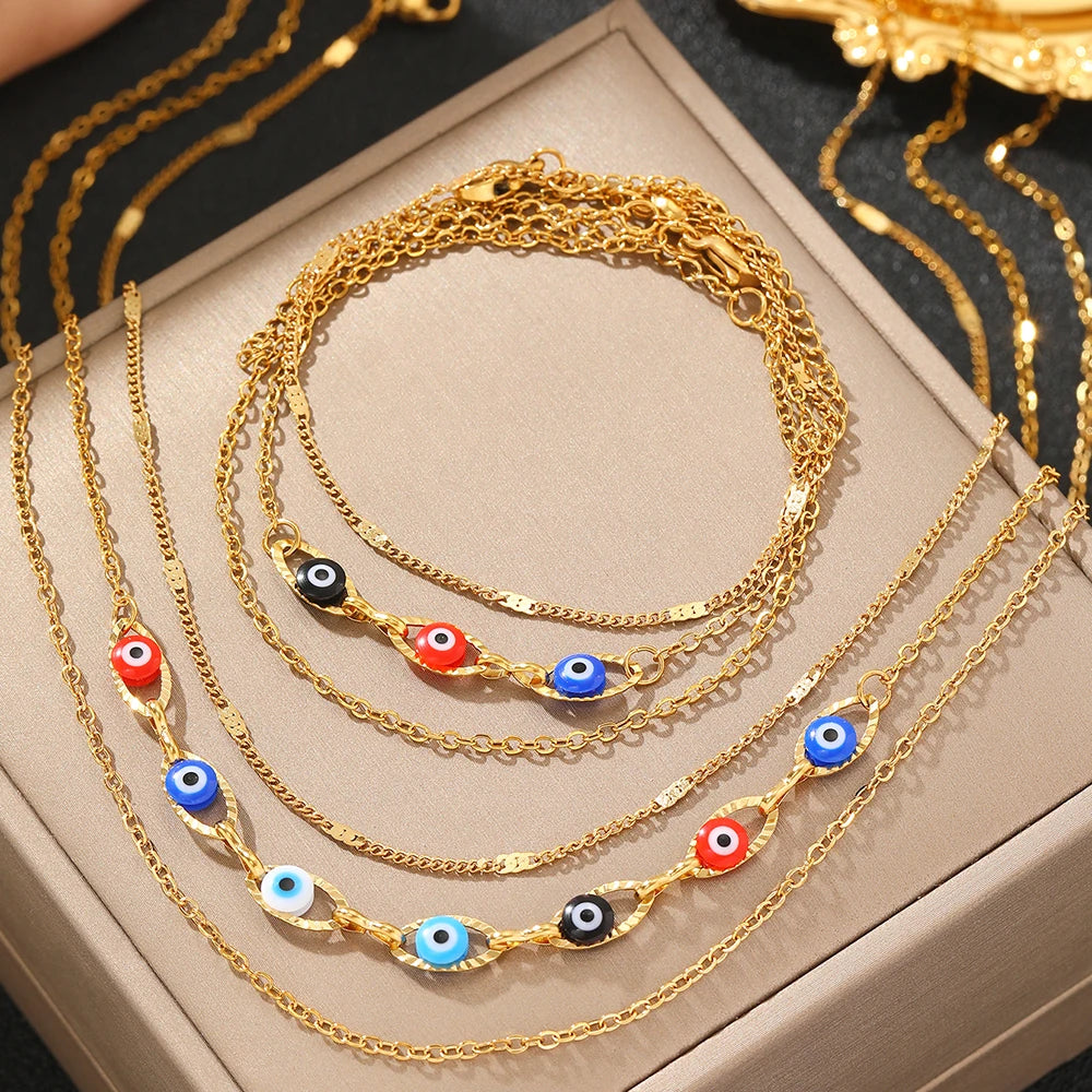 Steel Jewelry Set Layers Fashion Chain Inlaid Colorful Small Eye Design Exquisite Jewelry Set For Women