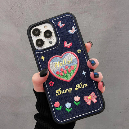 Cute Denim Fabric Embroidery Flower Winter Warm Phone Case For iPhone 15 14 13 12 11 16 Pro Max XS XR X Silicone Cover Protector