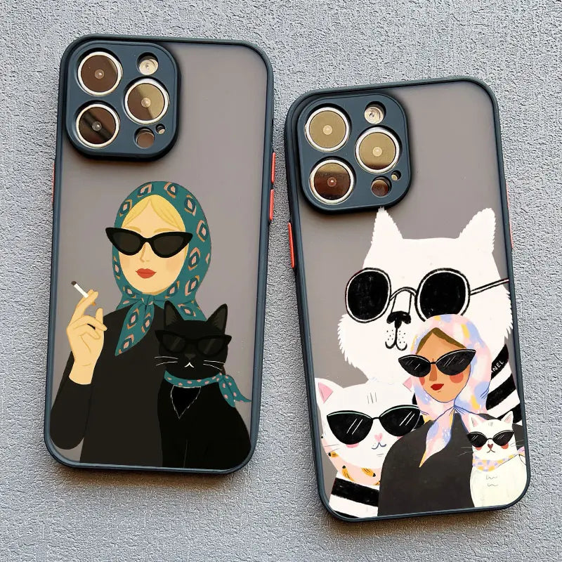 Cartoon Cat And Woman Plaid Pattern Phone Case For iPhone 17 16 15 14 Pro Max Plus 12 13 Mini 11 Pro Max XR XS X 7 8 SE2 Covers