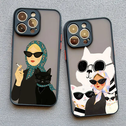 Cartoon Cat And Woman Plaid Pattern Phone Case For iPhone 17 16 15 14 Pro Max Plus 12 13 Mini 11 Pro Max XR XS X 7 8 SE2 Covers