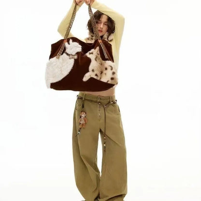 Cute Retro Cat Tote Bag Women Leather Texture Plush Large Capacity Shoulder Bag