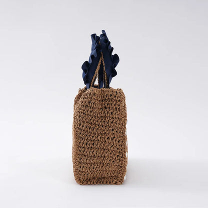 Pearls Straw Bags for Women Bohemian Ruched Handle Handbags Summer Woven Tote Bag Handmade Travel Beach Bag Small Shopper