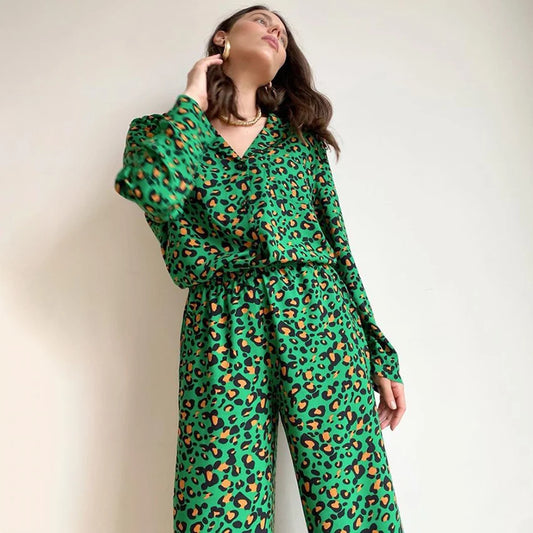 Pajama Set Casual Leopard Print Pants Suits Pajamas For Women Long Sleeve Sleepwear Summer Wide Leg Pants Two Piece Sets