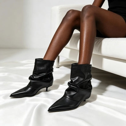 Pleated Boots Women Black Pointed Toe High Heels Short Boots