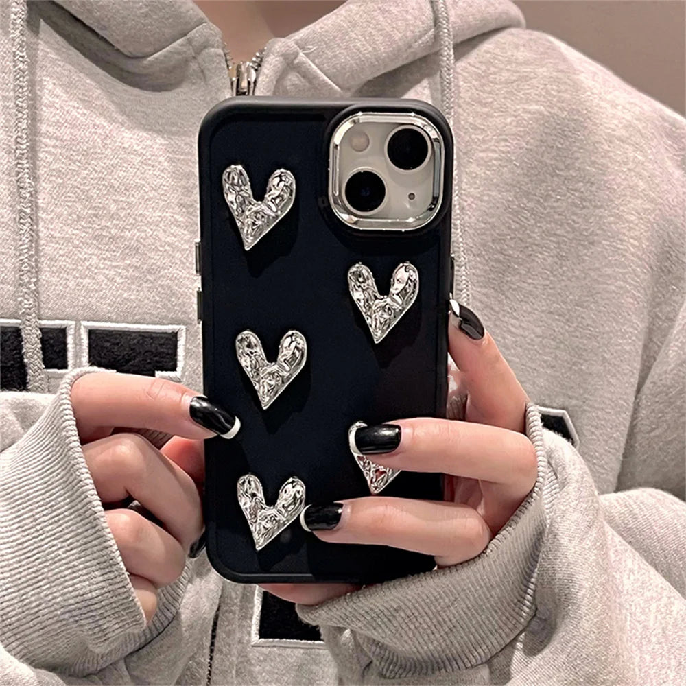 Sliver Love Heart Case For iPhone 13 12 11 14 15 16 Pro XS MAX 8 Plus